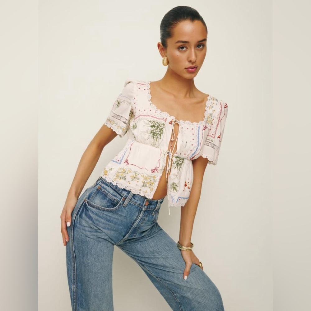 Reformation Floral Tie-Front Puff Sleeve Top in Cream and Pink